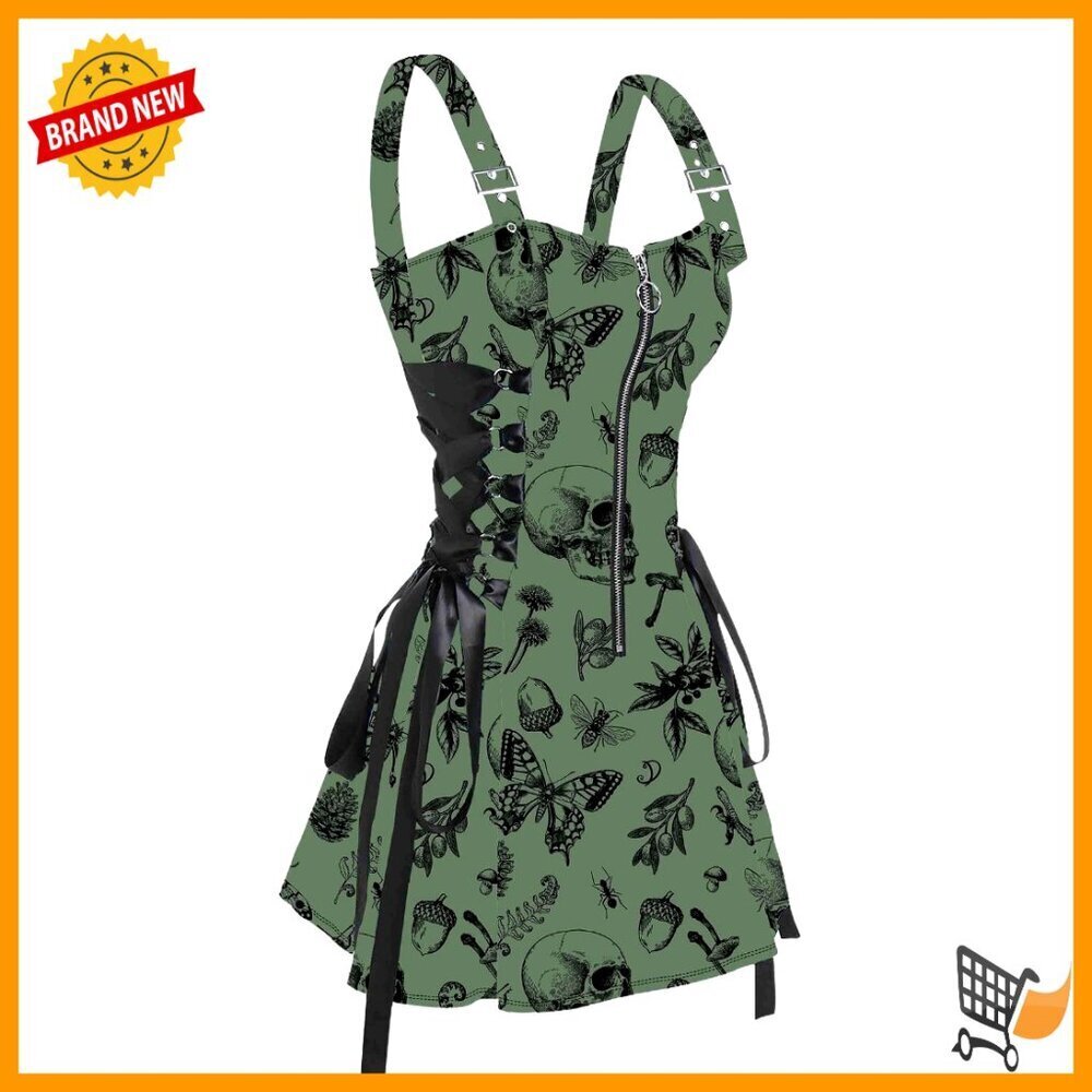 Gothic Buckle Strap Mini Dress Lace Up Zipper Edgy Festival Y2K A-Line